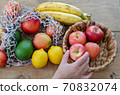 Different seasonal fruits :Apple,banana,avocado, lemon and peach 70832074