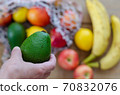 Different seasonal fruits :Apple,banana,avocado, lemon and peach 70832076