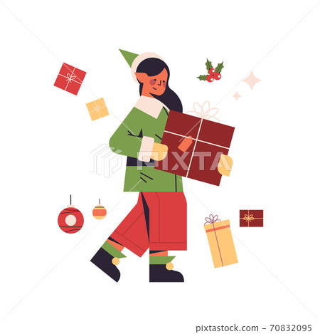 green elf girl holding gift box female cartoon character santa helper happy new year merry christmas green elf girl holding gift box female cartoon character santa helper happy new year merry christmas 70832095