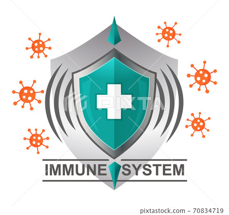 Immune system icon. Virus protection. Medical shield counteracts bacterial attack of human immunity. Human immunization, preventive vaccination, antibiotic treatment. Flat vector 70834719