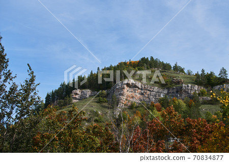 A top view of colourful forest trees and lake in the autumn season. 70834877