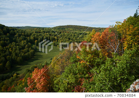 A top view of colourful forest trees and lake in the autumn season. 70834884