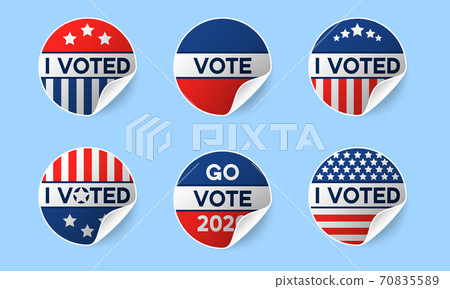Usa 2020 voting icons. Set of circle realistic stickers with I voted quote in red and blue, stars and stripes. Round american elections labels with rolled corner and shadows. Concept of responsibility Usa 2020 voting icons. Set of circle realistic stickers with I voted quote in red and blue, stars and stripes. Round american elections labels with rolled corner and shadows. Concept of responsibility 70835589