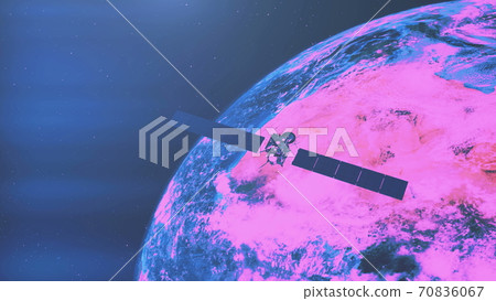 Rosetta Space craft mission with solar panels over purple and pink Earth planet mainlands. Spacecraft 70836067