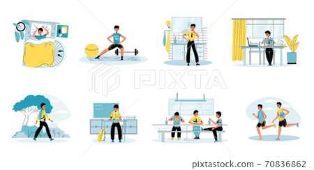 Young schoolboy daily schedule activity scene set 70836862