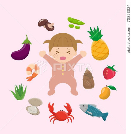 Itchy and allergic foods for baby girls: eggplant, shrimp, aloe, clam, crab, fish, mango, bamboo shoot, strawberry, pineapple, pod, bean bowl, mushroom cartoon insert 70838824