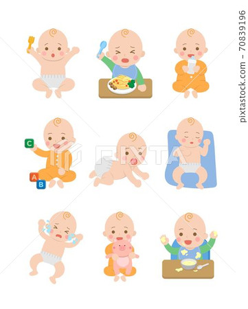 可愛的開心男生嬰兒日常生活,嬰兒尿布,爬行的嬰兒,吃嬰兒麵條,卡通漫畫插圖 70839196