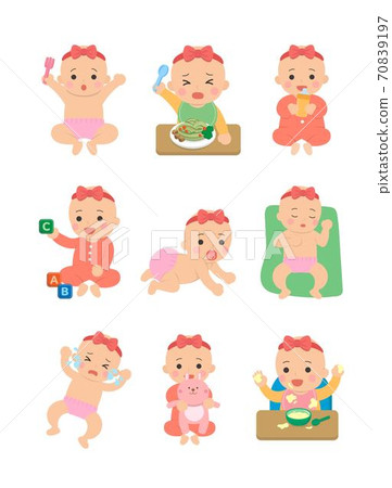 可愛的開心女生嬰兒日常生活,嬰兒尿布,爬行的嬰兒,吃嬰兒麵條,卡通漫畫插圖 70839197