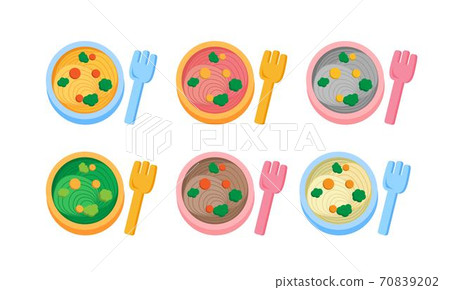 Baby noodles, baby eating lunch and dinner happily, on a white background, cartoon comic illustration 70839202