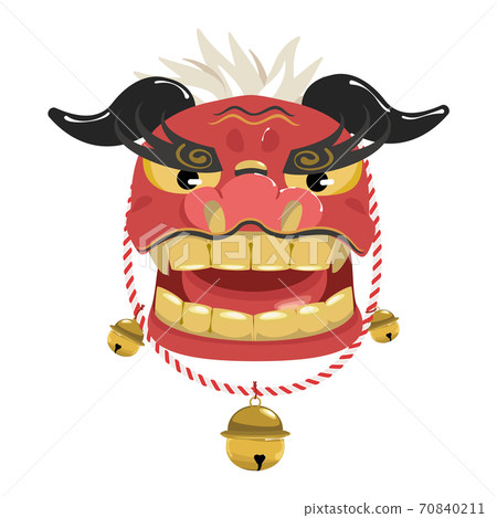 Lion dance face, red and white string, three bells 70840211