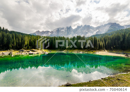 Beautiful view of famous Carezza lake at dolomite mountain, Ital 70840614