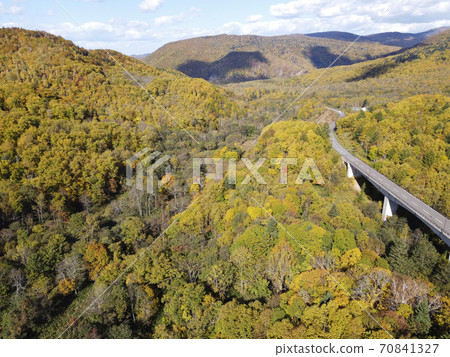Autumn leaves around Akaigawa, Hokkaido (aerial view) 70841327