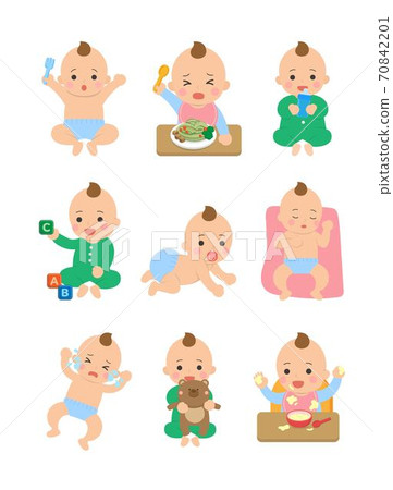 可愛的開心男生嬰兒日常生活,嬰兒尿布,爬行的嬰兒,吃嬰兒麵條,卡通漫畫插圖 70842201