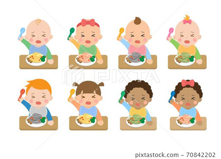 Cute happy baby daily life, baby eating baby noodle with fork, cartoon comic illustration 70842202