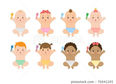 Cute happy baby daily life, baby eating with fork, cartoon comic illustration 70842205