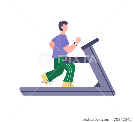 Man character training on treadmill, flat cartoon vector illustration isolated. 70842842
