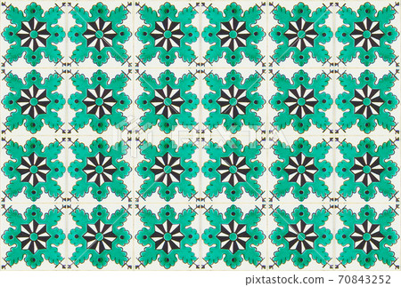 Vintage geometric tiles texture background. Retro old tiles mosaic, seamless turquoise design. 70843252