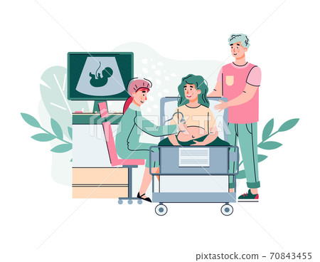 Happy couple visit perinatal center for ultrasound test flat vector illustration. Happy couple visit perinatal center for ultrasound test flat vector illustration. 70843455