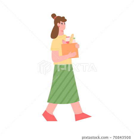Woman carrying a huge box of food, cartoon flat vector illustration isolated. 70843508