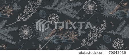 Vector seamless pattern with Christmas floral elements, plants, branches, pine cones, birds and spices. Vector seamless pattern with Christmas floral elements, plants, branches, pine cones, birds and spices. 70843986
