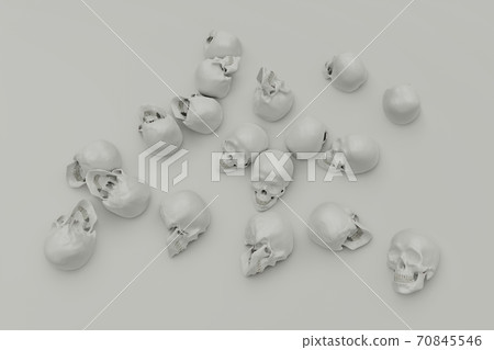 many human skulls lie on a white plane, 3d render many human skulls lie on a white plane, 3d render 70845546