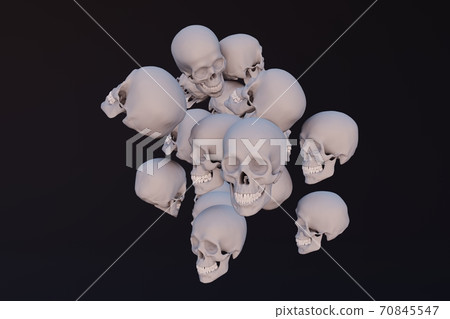 many human skulls fly on a black background, 3d render 70845547