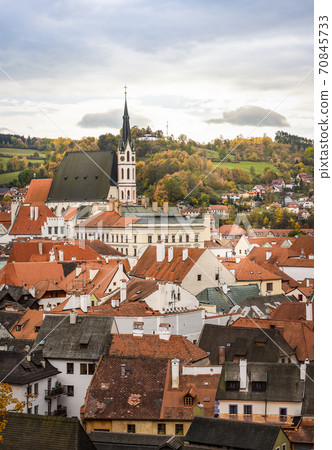 Aerial view of houses and medieval St. Vitus Church in Cesky Krumlov in the Czech Republic 70845733