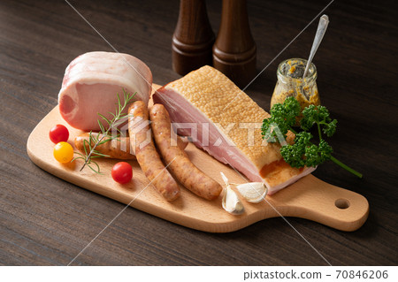 Loin ham sausage bacon processed meat platter Loin ham sausage bacon processed meat platter 70846206