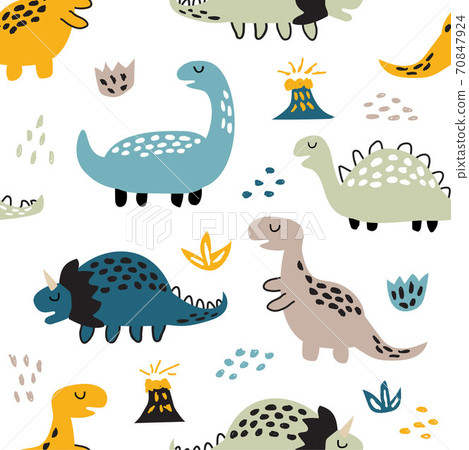 Childish seamless pattern with cute dinosaurs . Creative texture for fabric and textile Childish seamless pattern with cute dinosaurs . Creative texture for fabric and textile 70847924
