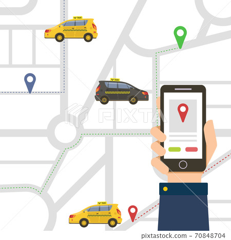 Male Hand Holding Smartphone with Public Taxi Service Application, Navigation Map, Online Ordering Taxi Car Vector Illustration Male Hand Holding Smartphone with Public Taxi Service Application, Navigation Map, Online Ordering Taxi Car Vector Illustration 70848704