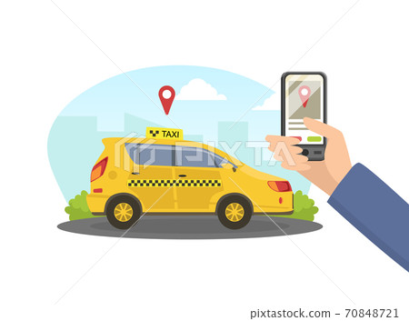 Male Hand Holding Smartphone with Public Taxi Service Application Vector Illustration 70848721
