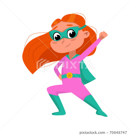 Cute Red Haired Girl in Superhero Comics Costume, Adorable Kid Superhero Character Standing with her Hand Outstretched Cartoon Style Vector Illustration 70848747