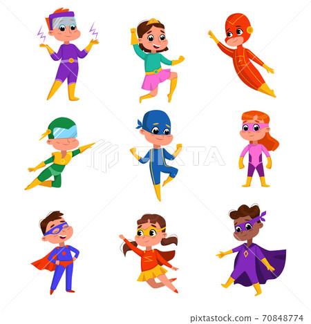 Cute Boys and Girls in Wearing Colorful Superhero Costumes and Masks Set, Adorable Kids Posing in Superhero Poses Cartoon Style Vector Illustration Cute Boys and Girls in Wearing Colorful Superhero Costumes and Masks Set, Adorable Kids Posing in Superhero Poses Cartoon Style Vector Illustration 70848774