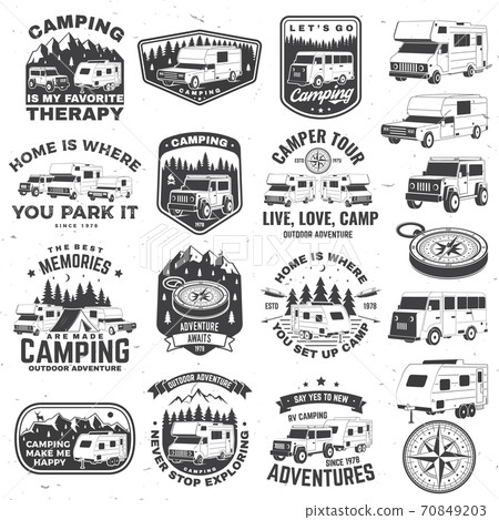 Set of rv camping badges, patches. Vector. Concept for shirt or logo, print, stamp or tee. Vintage typography design with RV Motorhome, camping trailer and off-road car silhouette. Set of rv camping badges, patches. Vector. Concept for shirt or logo, print, stamp or tee. Vintage typography design with RV Motorhome, camping trailer and off-road car silhouette. 70849203