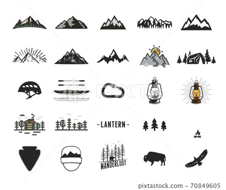 Vintage camping icons and adventure symbols illustrations set. Hiking shapes of mountains, trees, wild animals and others. Retro monochrome design. Can be used for t shirts, prints. Stock 70849605