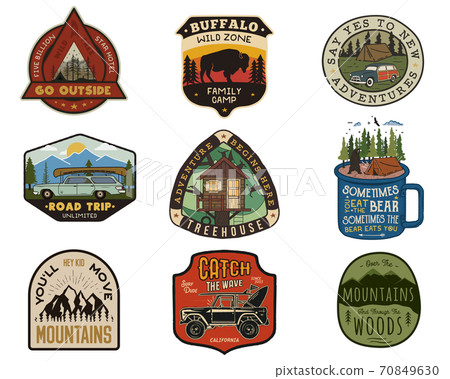 Vintage travel logos patches set. Hand drawn camping labels designs. Mountain expedition, road trip, surfing. Outdoor hike emblems. Hiking logotypes collection. Stock isolated on white. 70849630