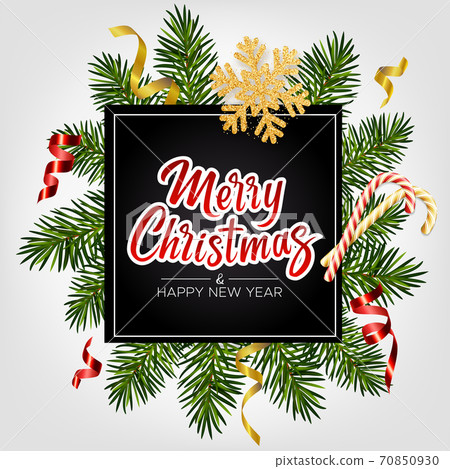 Xmas background with lettering Merry Christmas, realistic pine branches, candy canes, glitter gold snowflake, serpentine. Christmas and New Year greeting card, poster, postcard, banner Xmas background with lettering Merry Christmas, realistic pine branches, candy canes, glitter gold snowflake, serpentine. Christmas and New Year greeting card, poster, postcard, banner 70850930