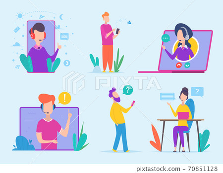 Customer service characters. Virtual support agency hotline business clients helpline vector concept icons Customer service characters. Virtual support agency hotline business clients helpline vector concept icons 70851128
