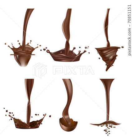 Chocolate splashes. Stream liquid delicious chocolate drops hot sauce vector realistic Chocolate splashes. Stream liquid delicious chocolate drops hot sauce vector realistic 70851151