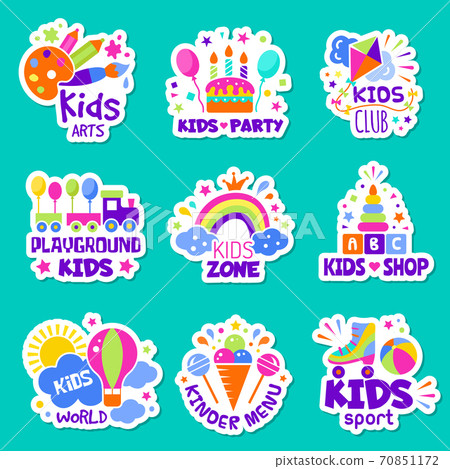 Kids logo. Toys shop identity creative children club badges kids playing zone symbols vector collection 70851172