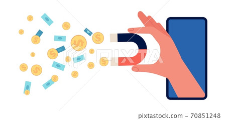 Hand holding magnet. Investment attraction, social marketing attract money. Successful ad or digital management, online project profit vector illustration 70851248