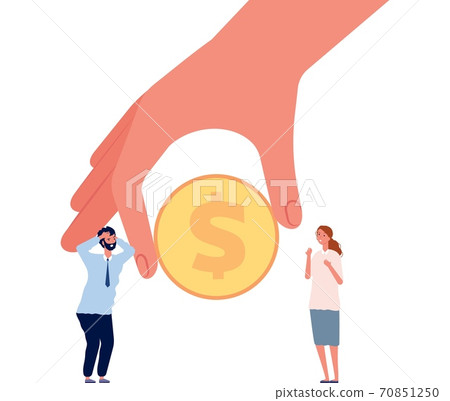 Big investments. Business people fear investition, man woman surprised their profit. Hand holding golden coin, donations vector illustration Big investments. Business people fear investition, man woman surprised their profit. Hand holding golden coin, donations vector illustration 70851250