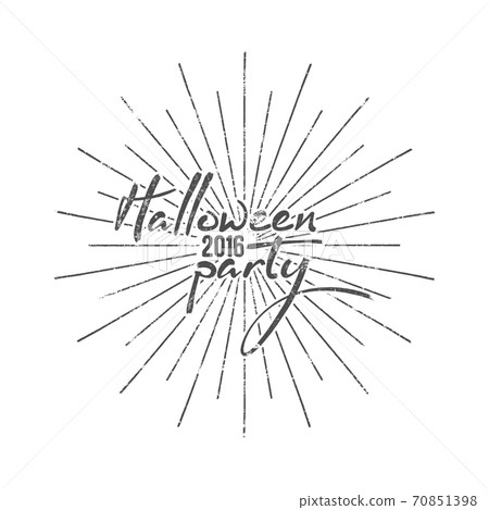 Halloween party typography label. Holiday lettering for photo overlay, cards. Typographic retro design with sun bursts. text with vintage grunge effect. Print on t shirt, tee design, apparel Halloween party typography label. Holiday lettering for photo overlay, cards. Typographic retro design with sun bursts. text with vintage grunge effect. Print on t shirt, tee design, apparel 70851398
