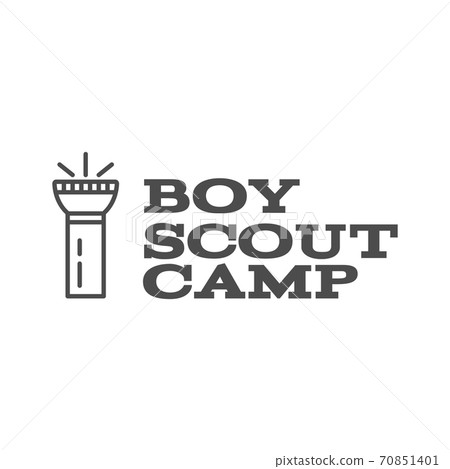 Boy scout camp logo design with typography and travel element - flashlight. text. Hiking trail, backpacking symbols in monochrome design. Nice for prints, tee design Boy scout camp logo design with typography and travel element - flashlight. text. Hiking trail, backpacking symbols in monochrome design. Nice for prints, tee design 70851401