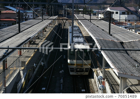 Rapid AIZU Mount Express (Aizu Railway Kiha 8500 series) stopped at Kinugawa Onsen Station on the Tobu-Kinugawa Line Rapid AIZU Mount Express (Aizu Railway Kiha 8500 series) stopped at Kinugawa Onsen Station on the Tobu-Kinugawa Line 70851489