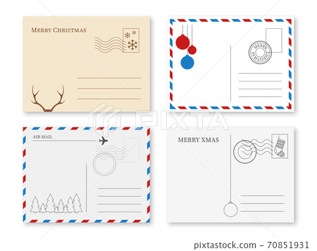 Christmas postcard. Vintage holiday postal card with stamp and winter elements new year greeting message, invitation and posting frame, kraft and white paper back side vector set Christmas postcard. Vintage holiday postal card with stamp and winter elements new year greeting message, invitation and posting frame, kraft and white paper back side vector set 70851931
