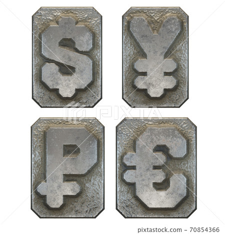 Set of symbols dollar, yen, rouble and euro made of industrial metal on white background 3d 70854366