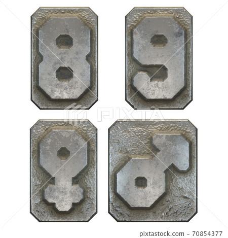 Set of numbers 8, 9 and symbols female, male made of industrial metal on white background 3d rendering 70854377