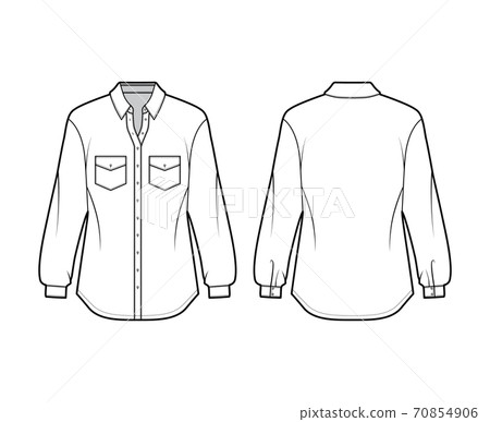 Classic shirt technical fashion illustration with angled pockets, long sleeves, relax fit, front button-fastening Classic shirt technical fashion illustration with angled pockets, long sleeves, relax fit, front button-fastening 70854906