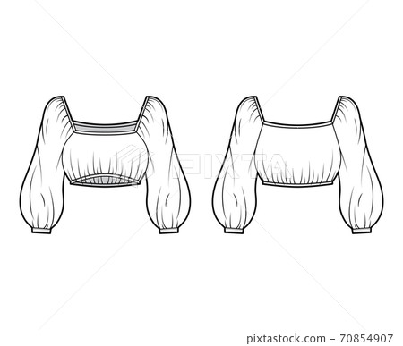 Cropped blouse top technical fashion illustration with elasticated hem and shoulders, long oversized sleeves, loose. Cropped blouse top technical fashion illustration with elasticated hem and shoulders, long oversized sleeves, loose. 70854907